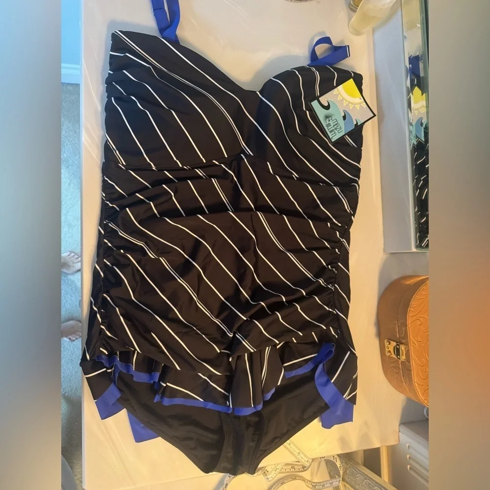 NWT MAZU Swim Striped Black and Blue Swimsuit with skirt US 24W